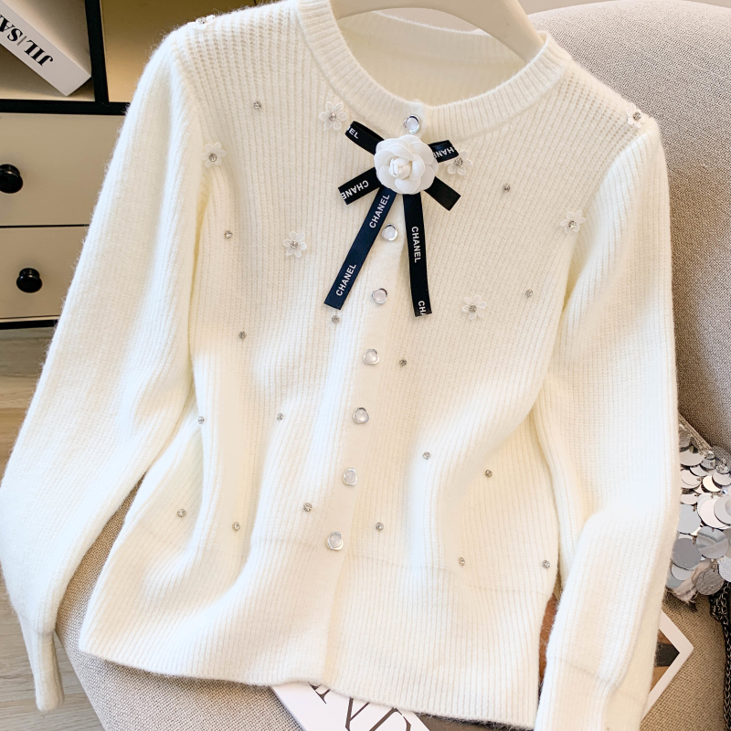 Bow autumn and winter tops flowers cashmere cardigan