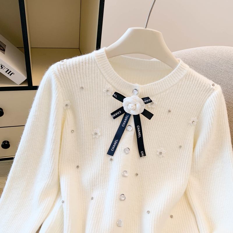 Bow autumn and winter tops flowers cashmere cardigan