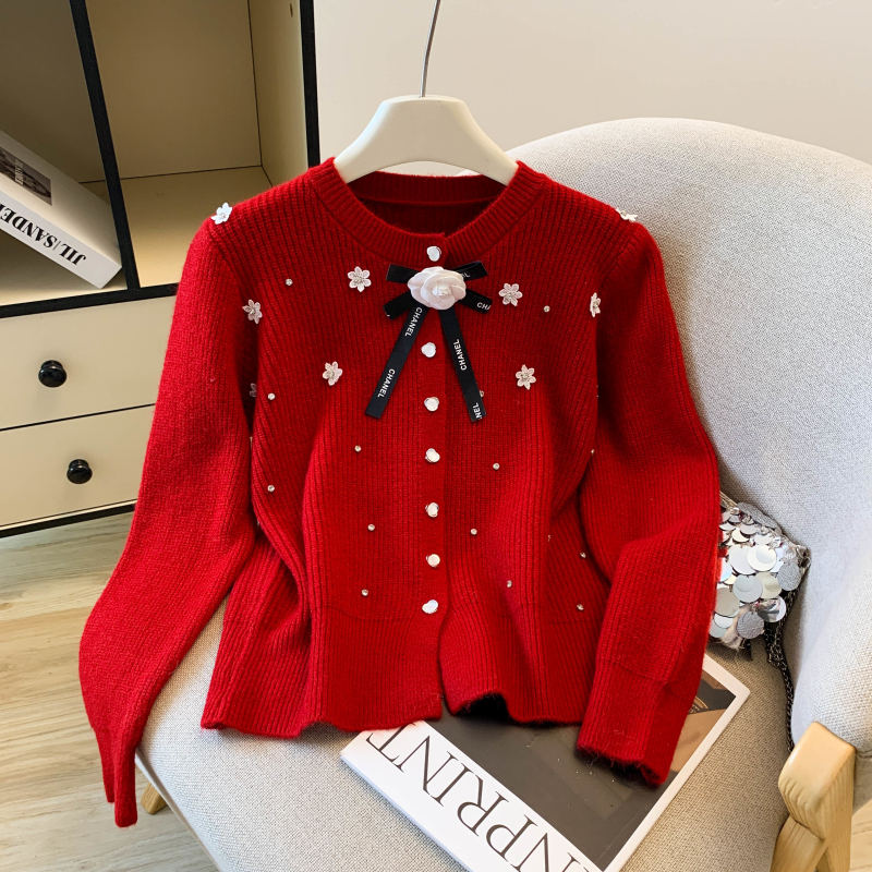 Bow autumn and winter tops flowers cashmere cardigan