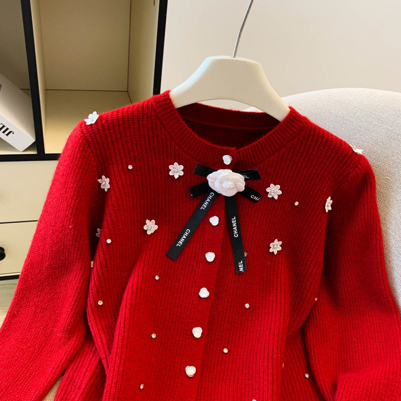 Bow autumn and winter tops flowers cashmere cardigan