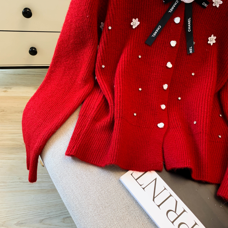 Bow autumn and winter tops flowers cashmere cardigan