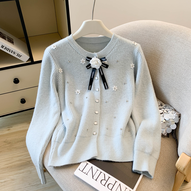 Bow autumn and winter tops flowers cashmere cardigan