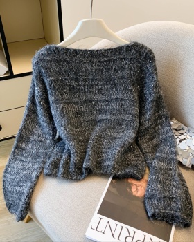 Knitted sequins long sleeve lazy sweater for women