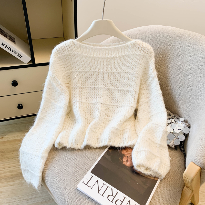 Knitted sequins long sleeve lazy sweater for women