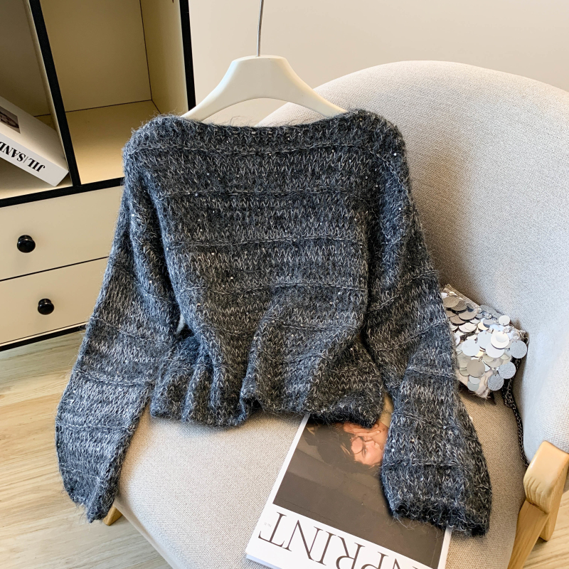 Knitted sequins long sleeve lazy sweater for women