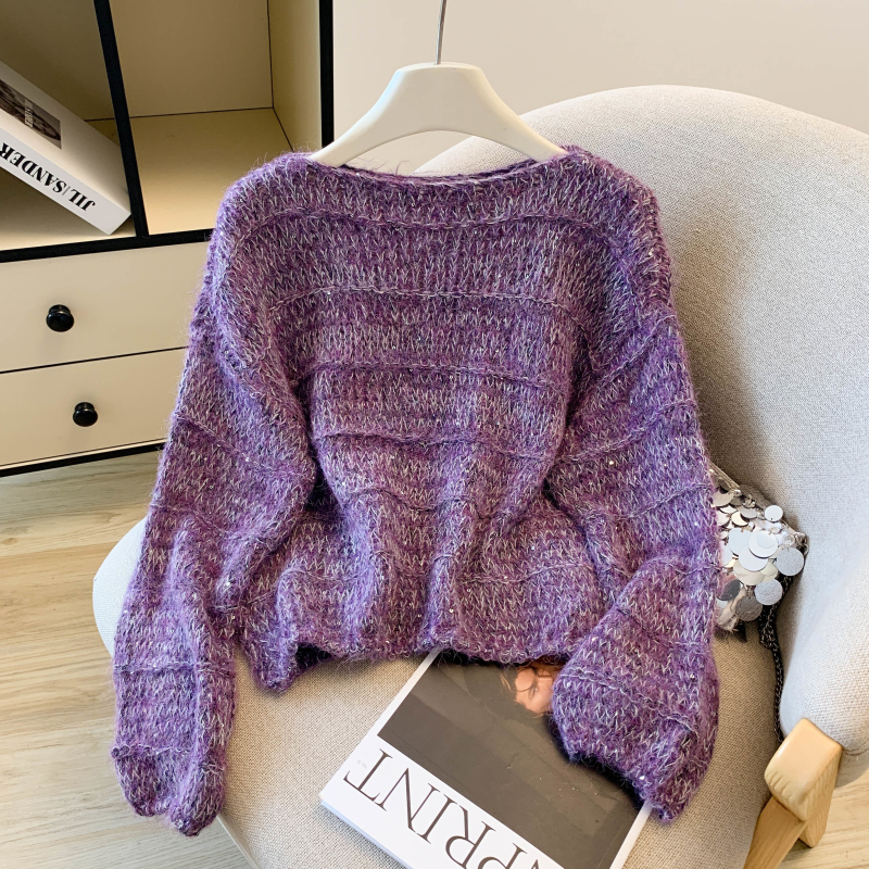 Knitted sequins long sleeve lazy sweater for women