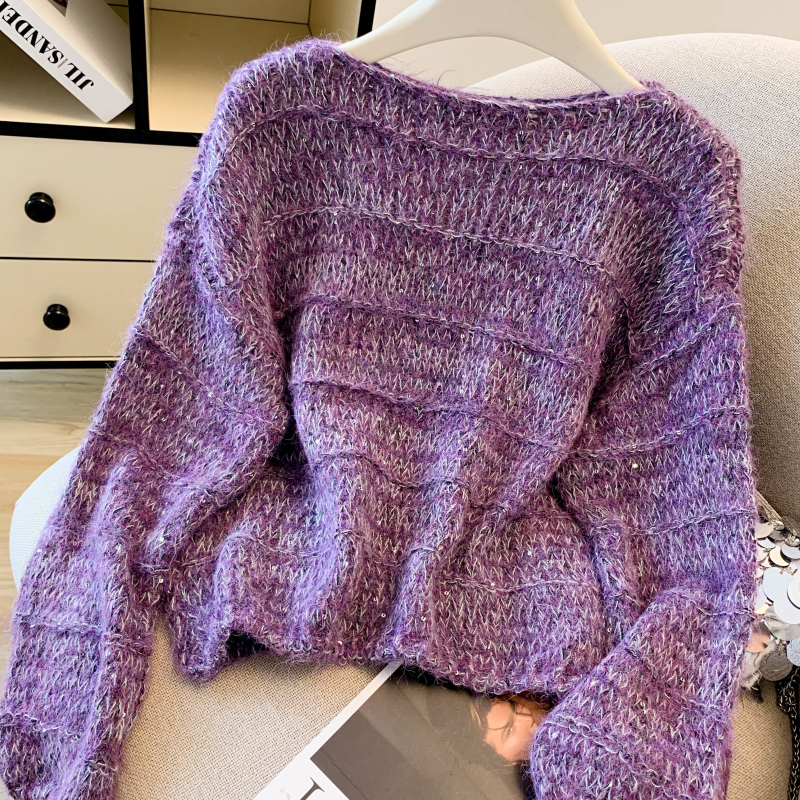 Knitted sequins long sleeve lazy sweater for women
