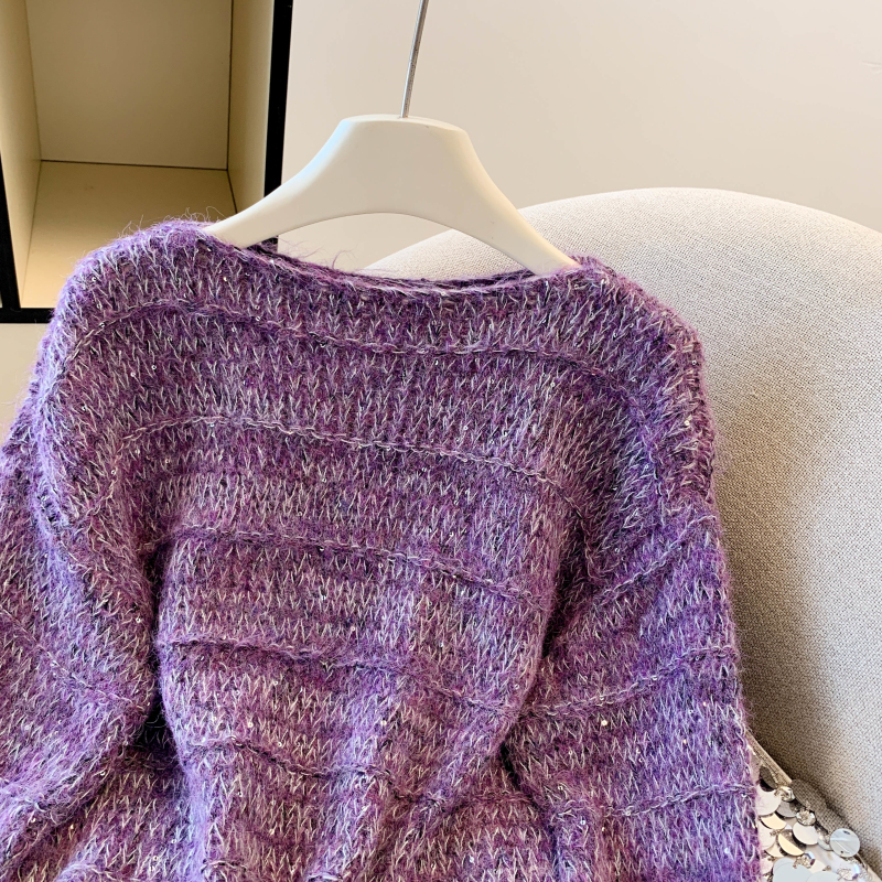 Knitted sequins long sleeve lazy sweater for women