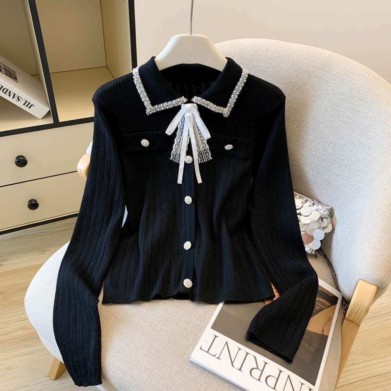 Beading France style tops light luxury bow sweater