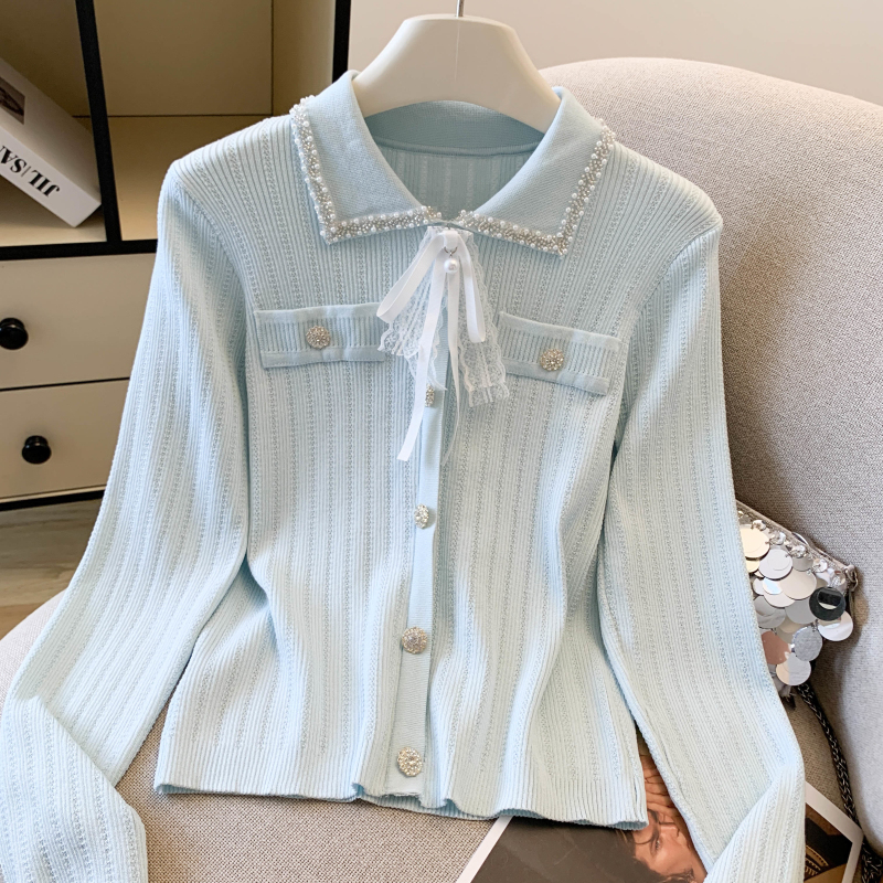 Beading France style tops light luxury bow sweater