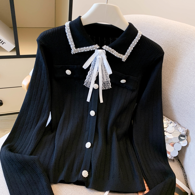Beading France style tops light luxury bow sweater
