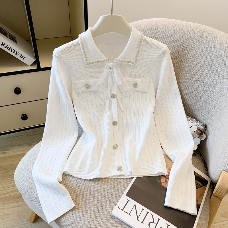Beading France style tops light luxury bow sweater