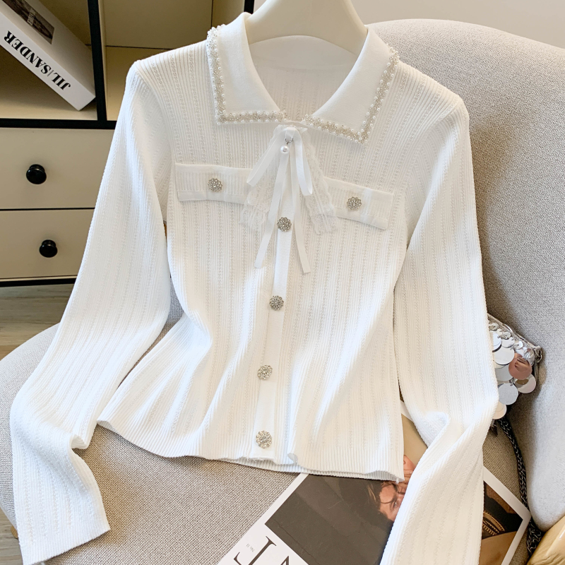 Beading France style tops light luxury bow sweater