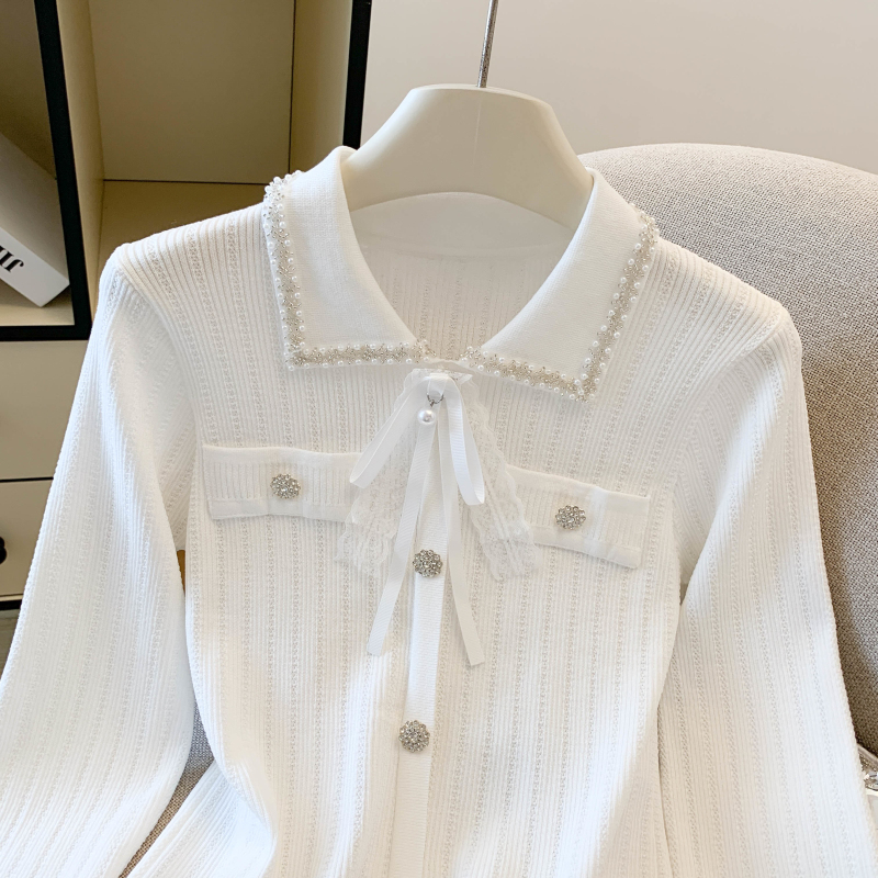 Beading France style tops light luxury bow sweater