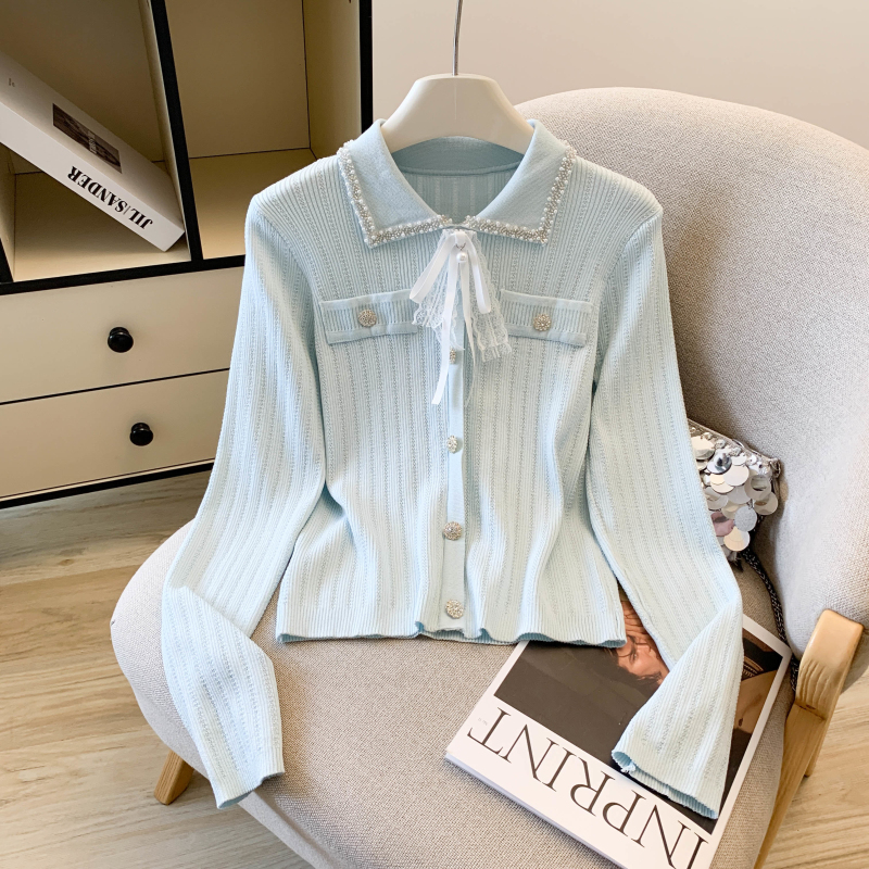 Beading France style tops light luxury bow sweater