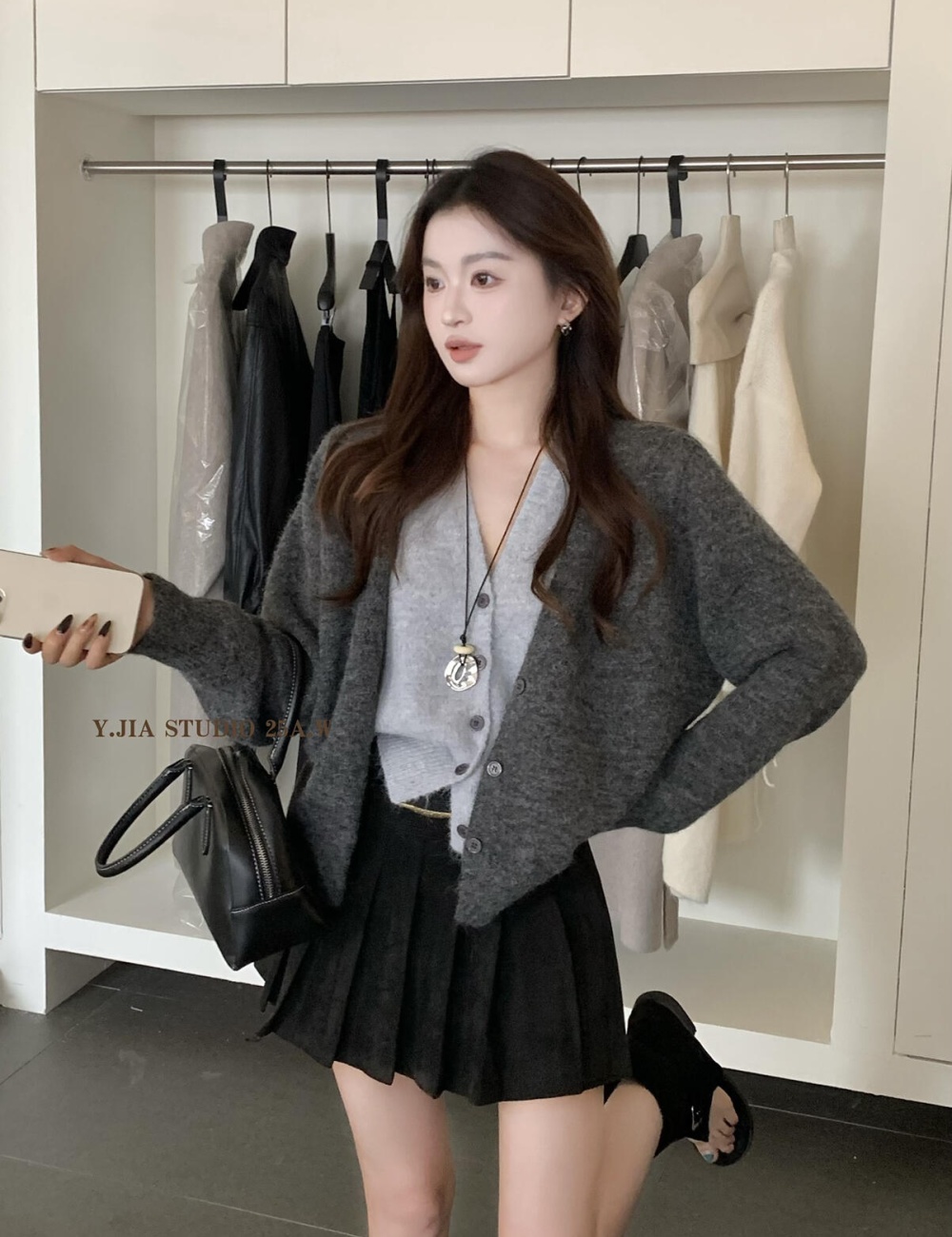 Mixed colors simple cardigan V-neck sweater for women