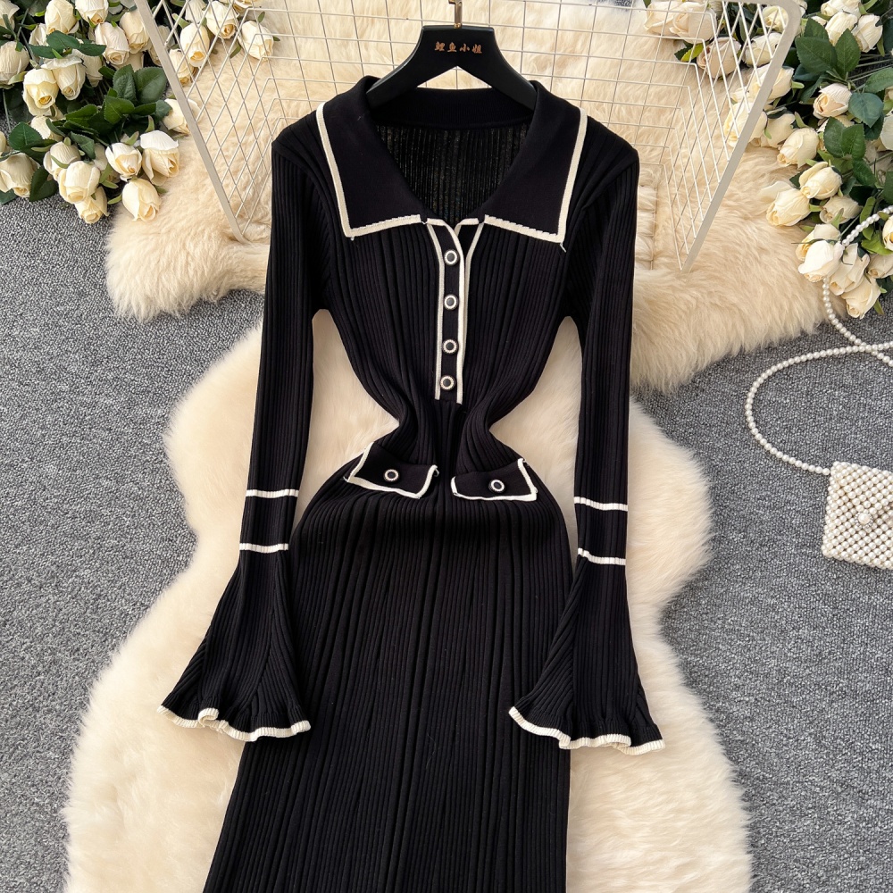Lapel autumn and winter slim knitted dress