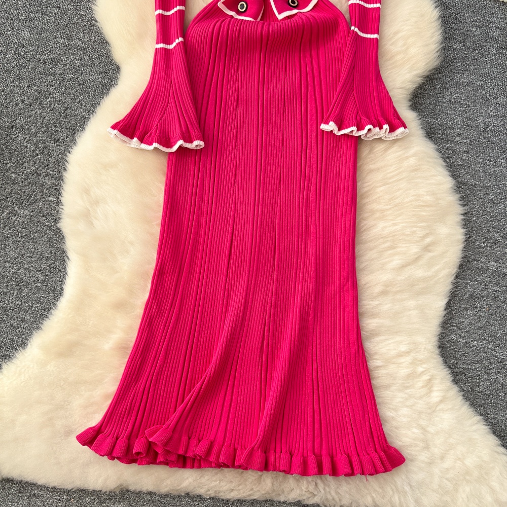 Lapel autumn and winter slim knitted dress