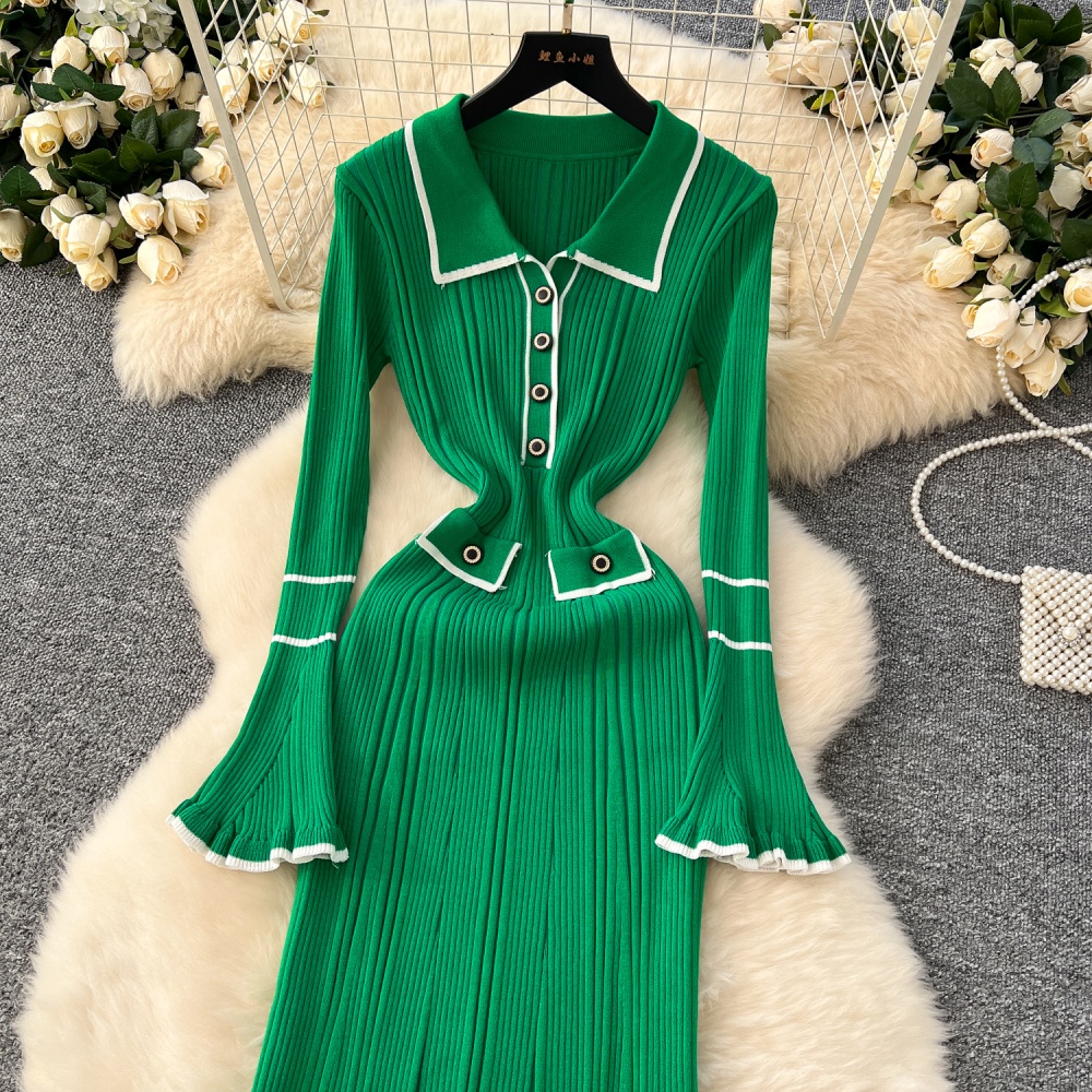 Lapel autumn and winter slim knitted dress