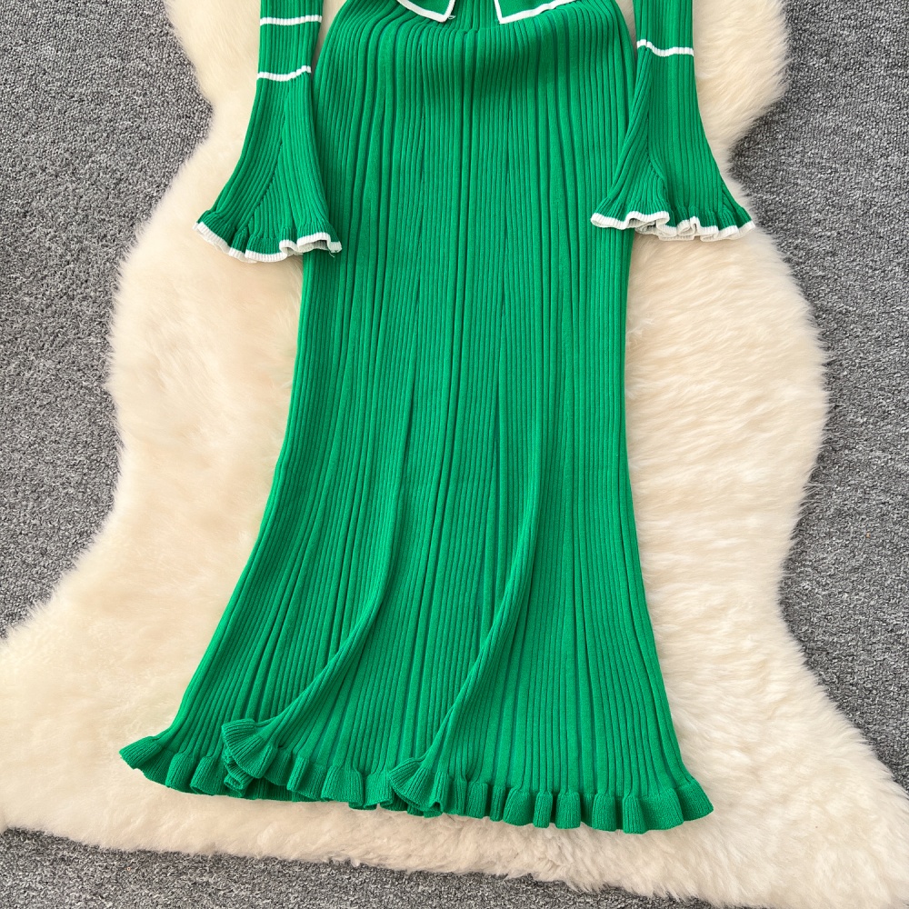 Lapel autumn and winter slim knitted dress