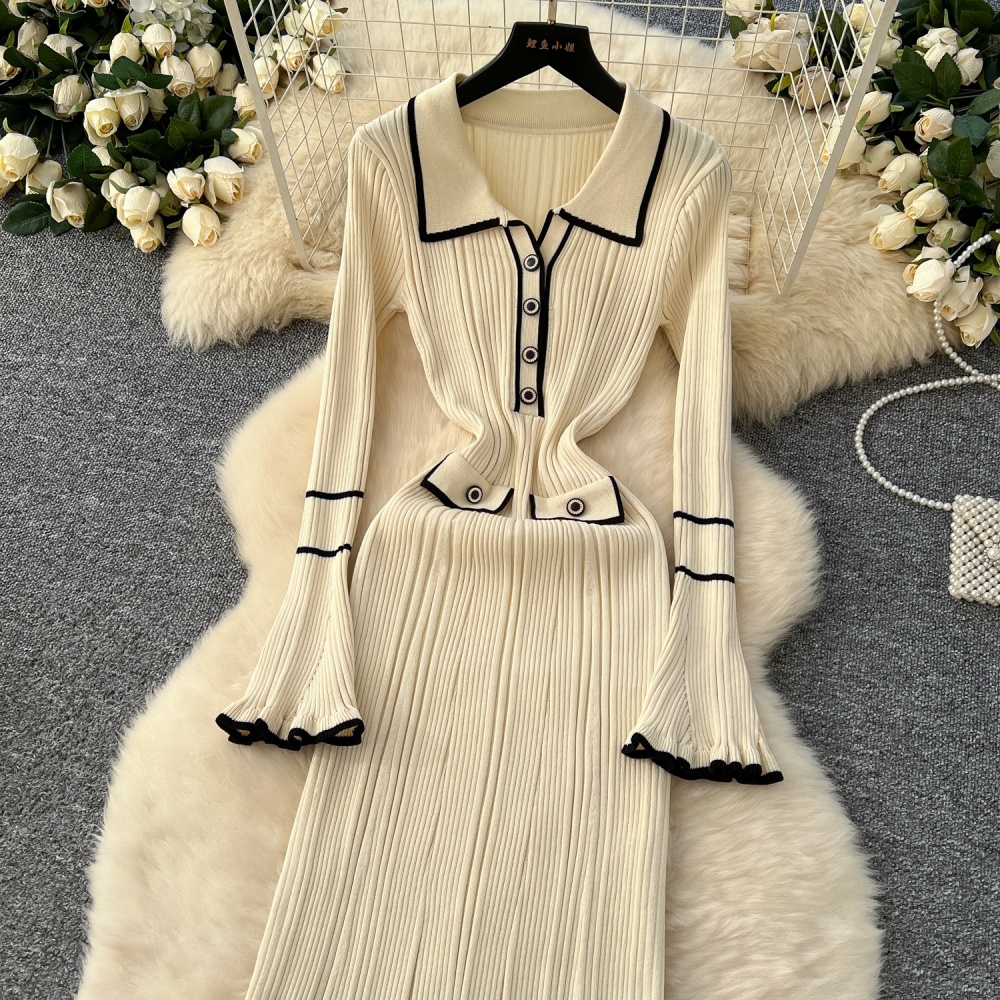 Lapel autumn and winter slim knitted dress