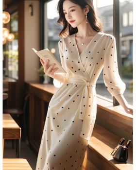 Ladies temperament long dress polka dot V-neck dress