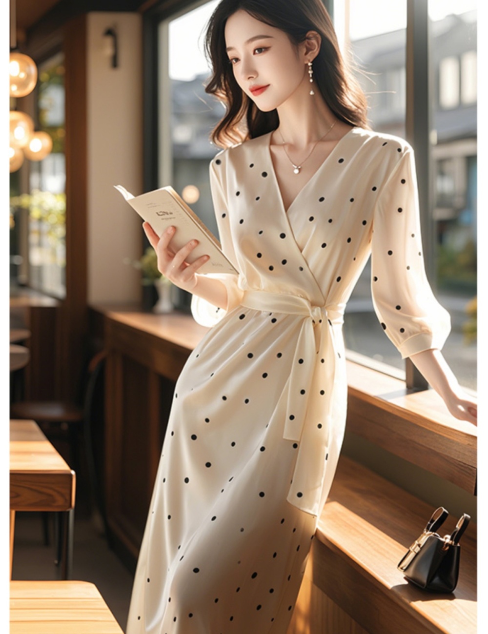 Ladies temperament long dress polka dot V-neck dress