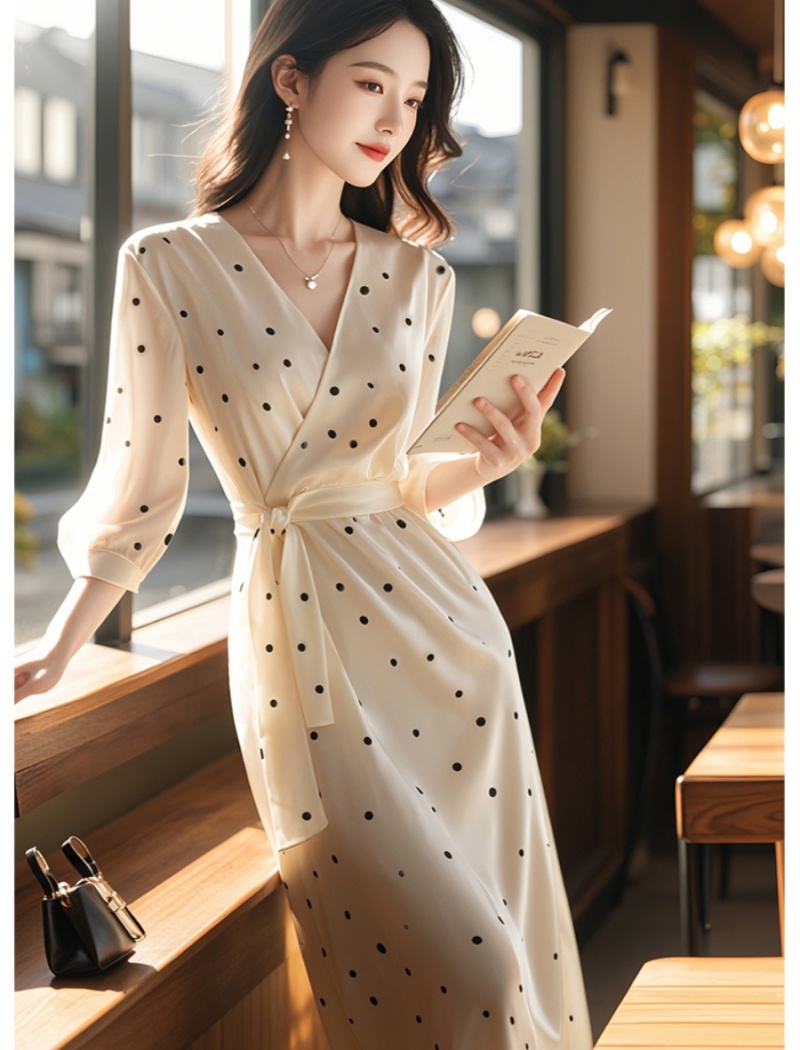 Ladies temperament long dress polka dot V-neck dress