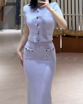 Round neck slim skirt temperament elegant cardigan 2pcs set