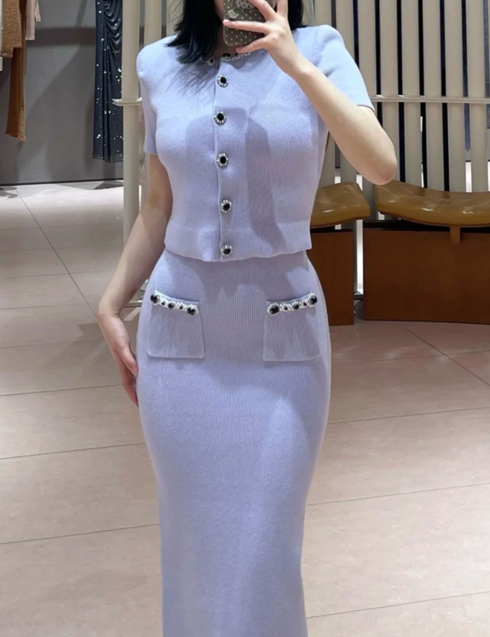 Round neck slim skirt temperament elegant cardigan 2pcs set