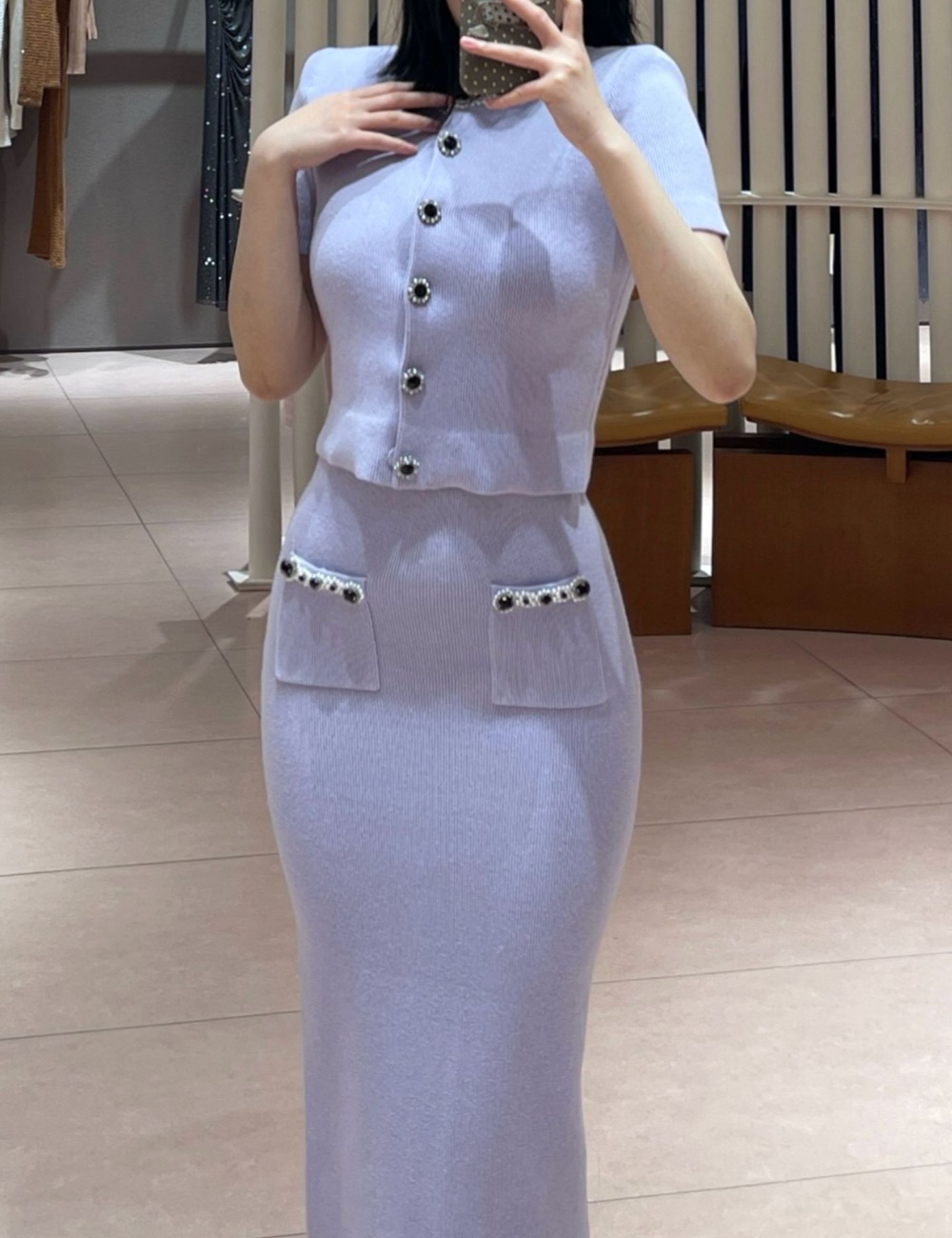 Round neck slim skirt temperament elegant cardigan 2pcs set
