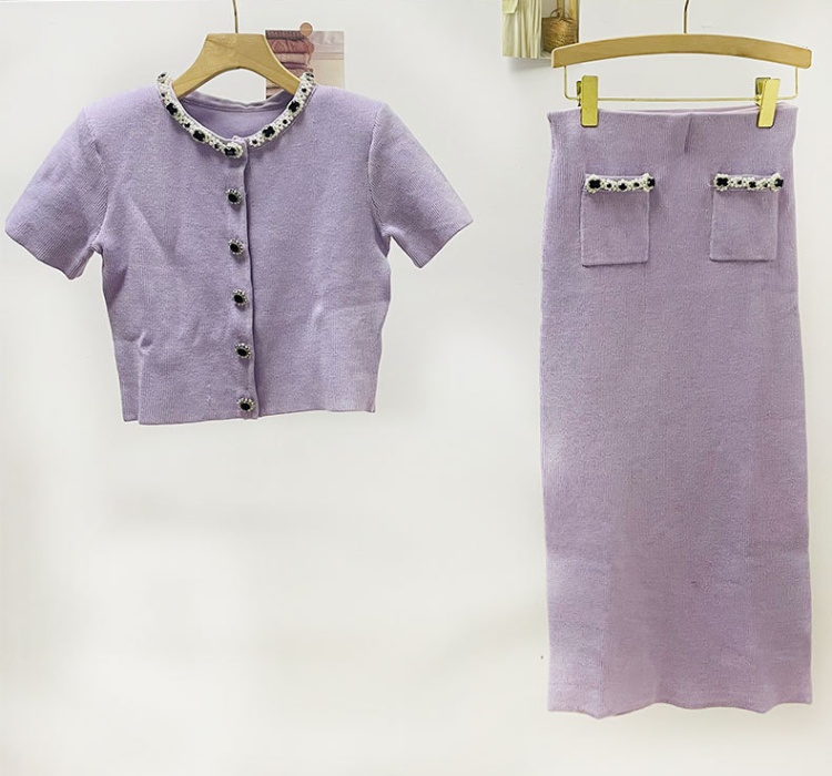 Round neck slim skirt temperament elegant cardigan 2pcs set