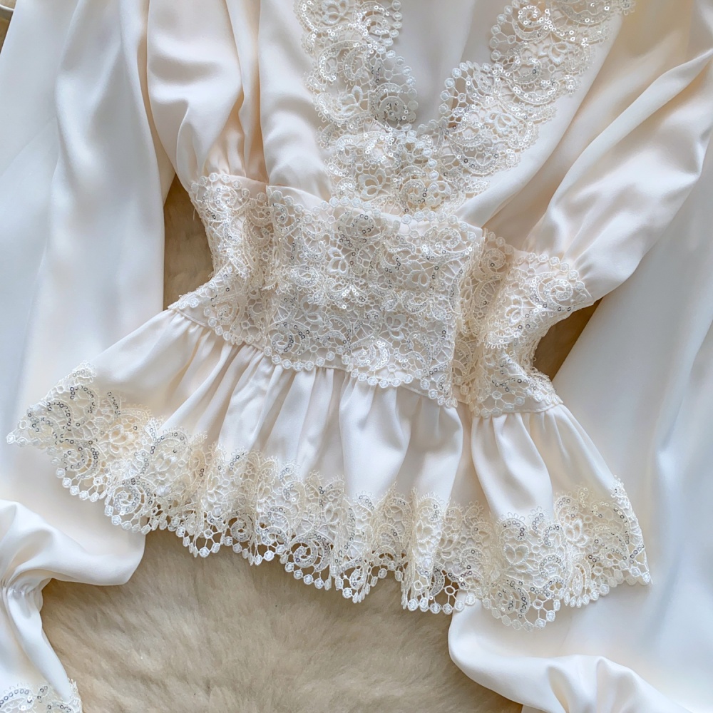 Satin trumpet sleeves shirt V-neck lace tops