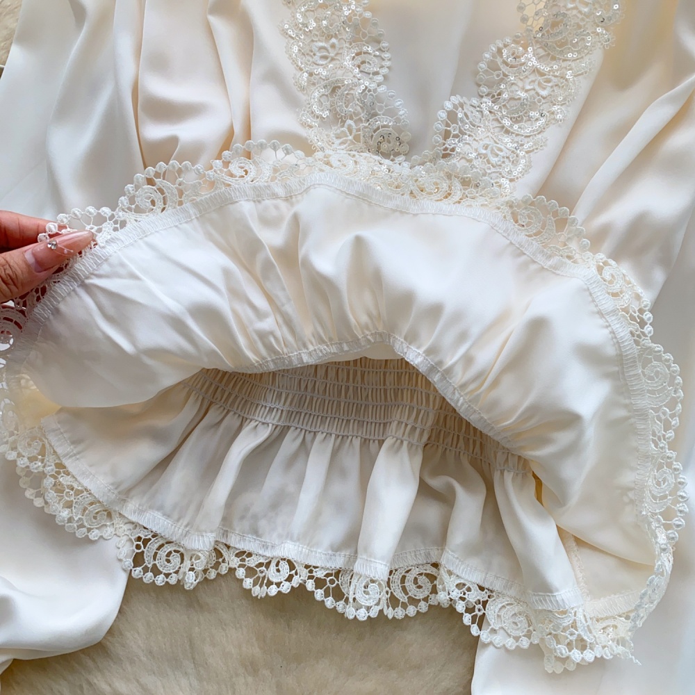 Satin trumpet sleeves shirt V-neck lace tops