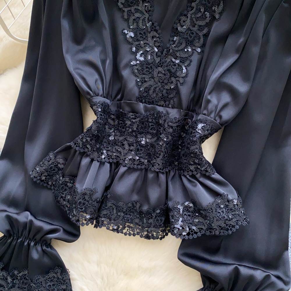 Satin trumpet sleeves shirt V-neck lace tops