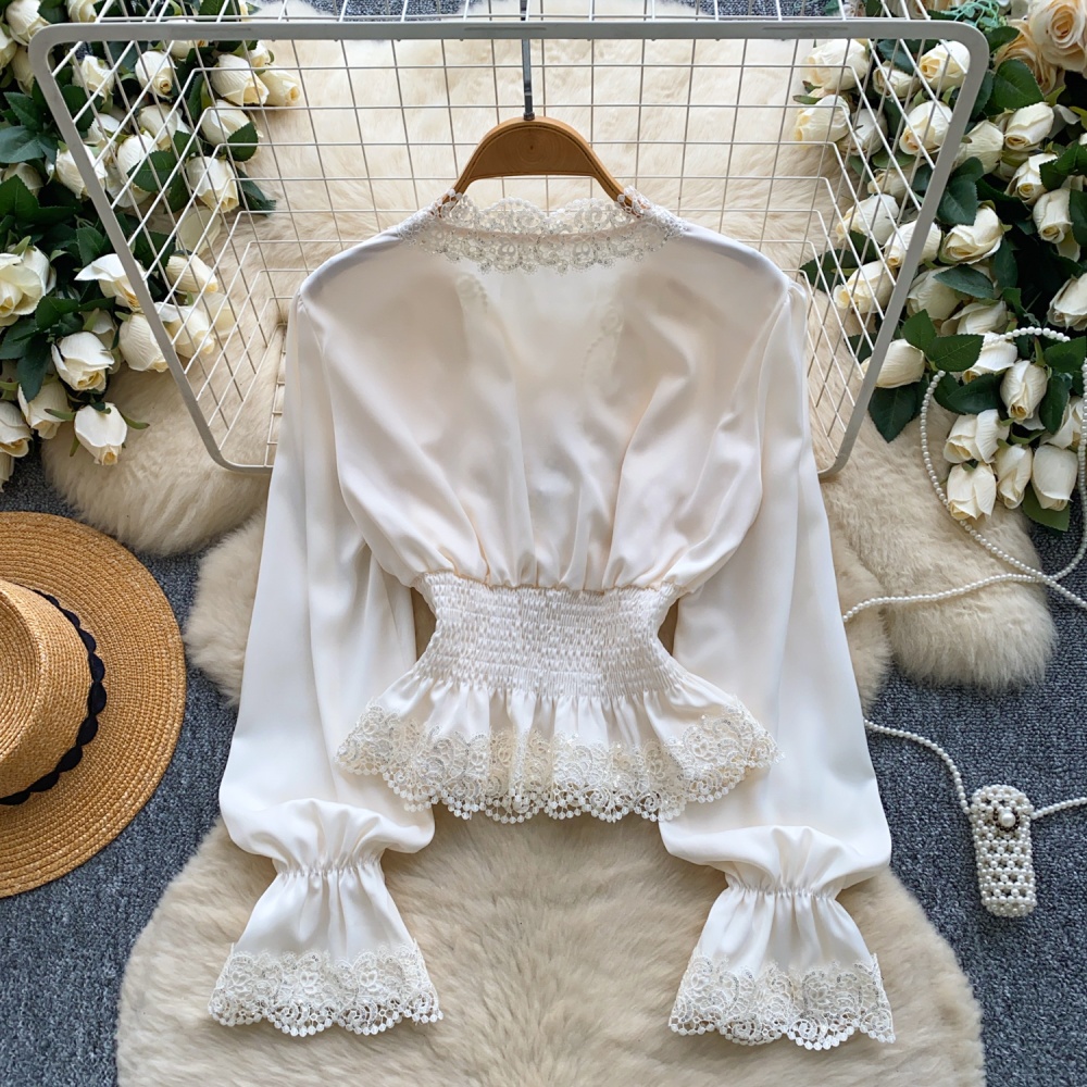 Satin trumpet sleeves shirt V-neck lace tops