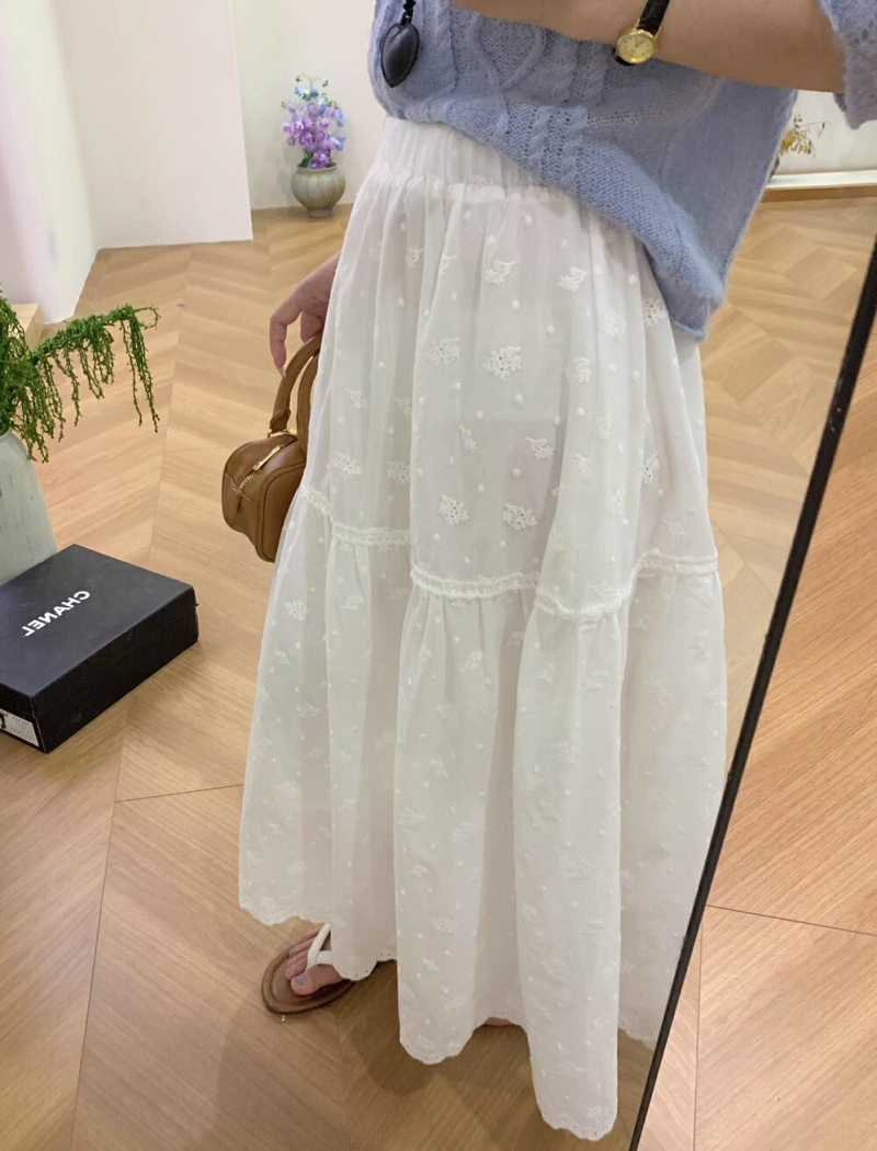 Casual white embroidery long lace skirt for women