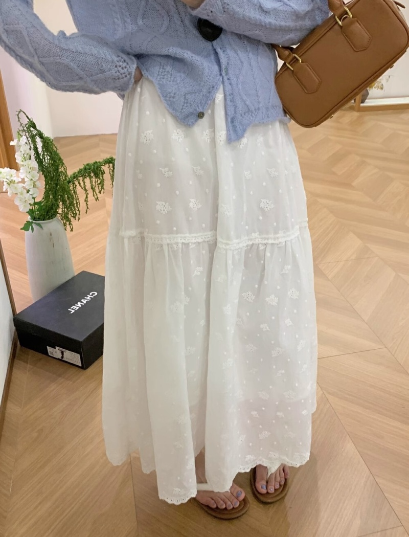 Casual white embroidery long lace skirt for women