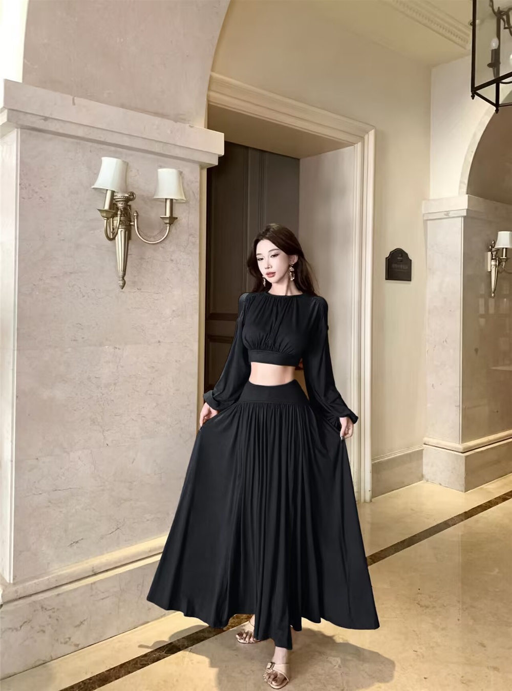 Bat sleeve split tops chouzhe drape short skirt 2pcs set