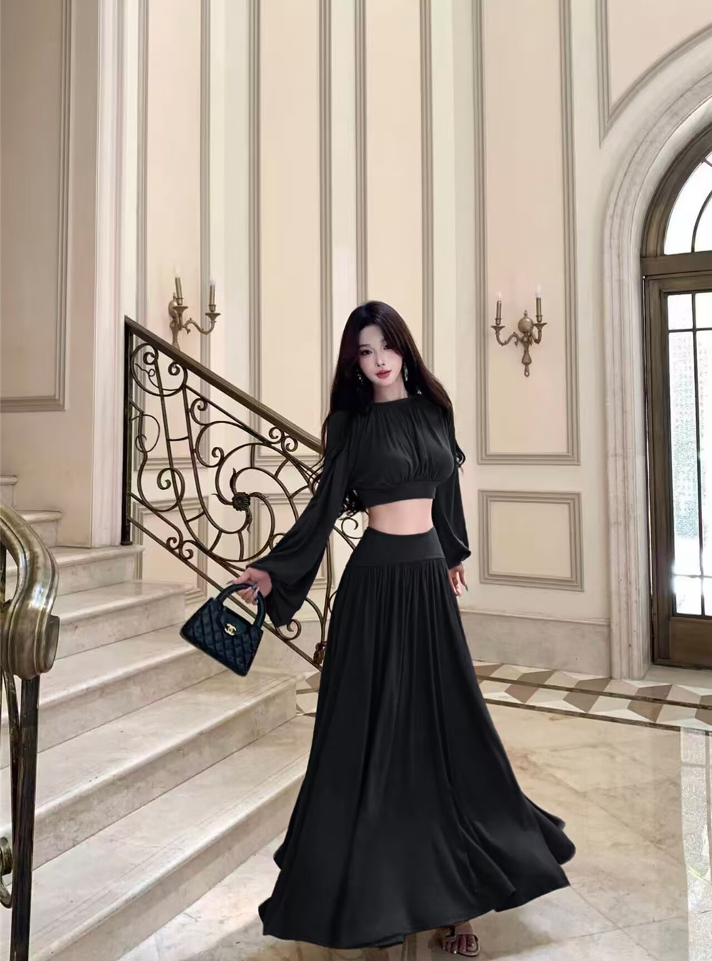 Bat sleeve split tops chouzhe drape short skirt 2pcs set