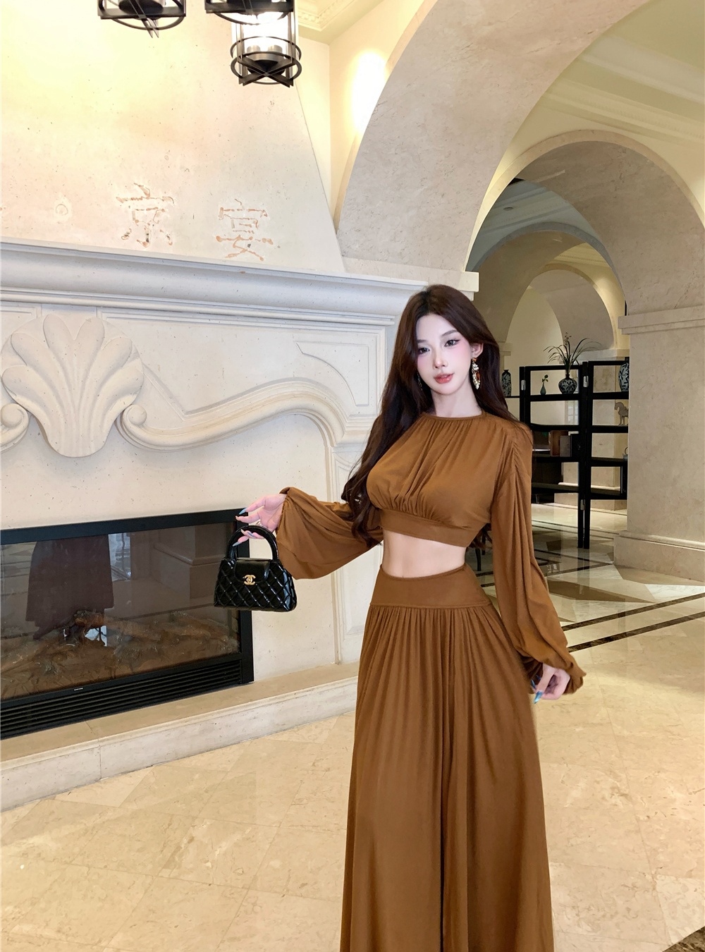 Bat sleeve split tops chouzhe drape short skirt 2pcs set