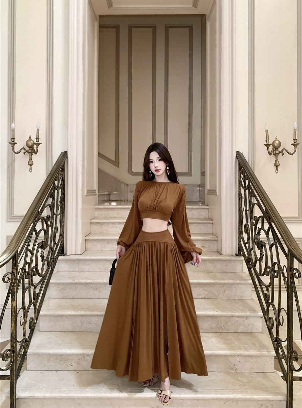 Bat sleeve split tops chouzhe drape short skirt 2pcs set