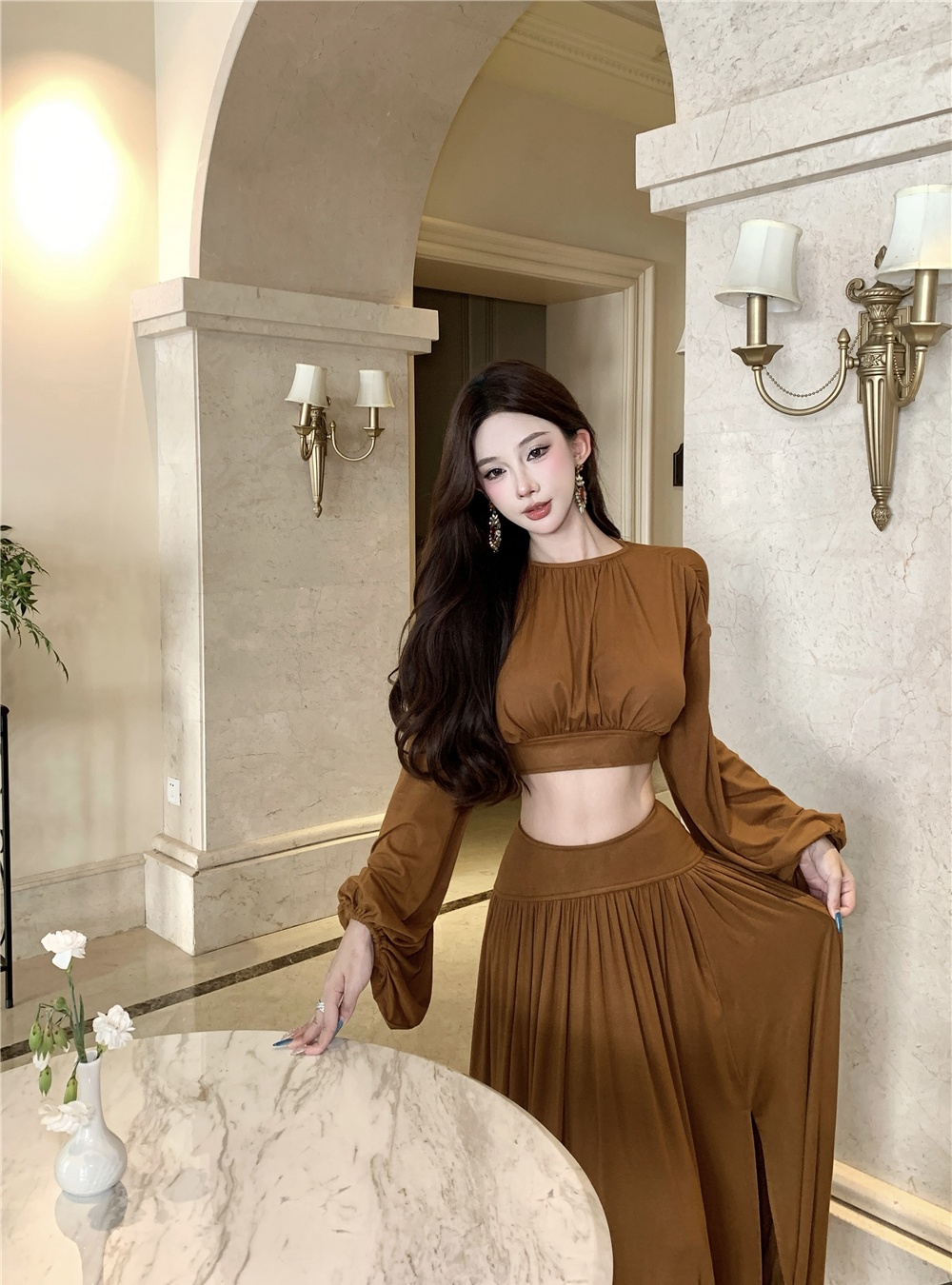 Bat sleeve split tops chouzhe drape short skirt 2pcs set