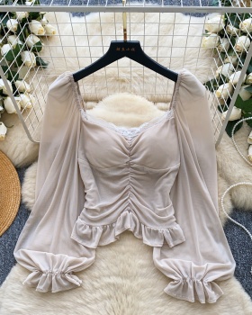 Short temperament shirt splice lantern sleeve tops for women