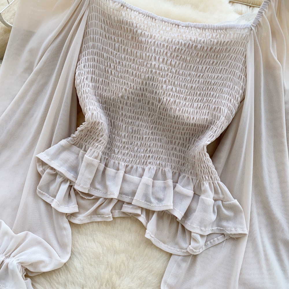 Short temperament shirt splice lantern sleeve tops for women