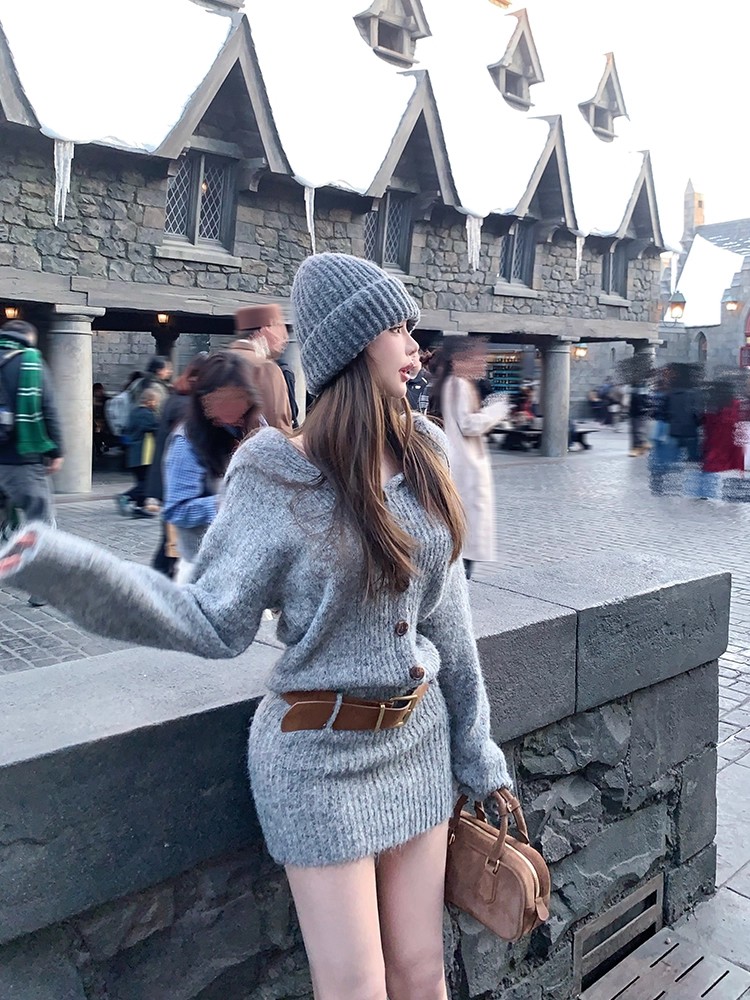 Package hip slim dress gray navy collar sweater