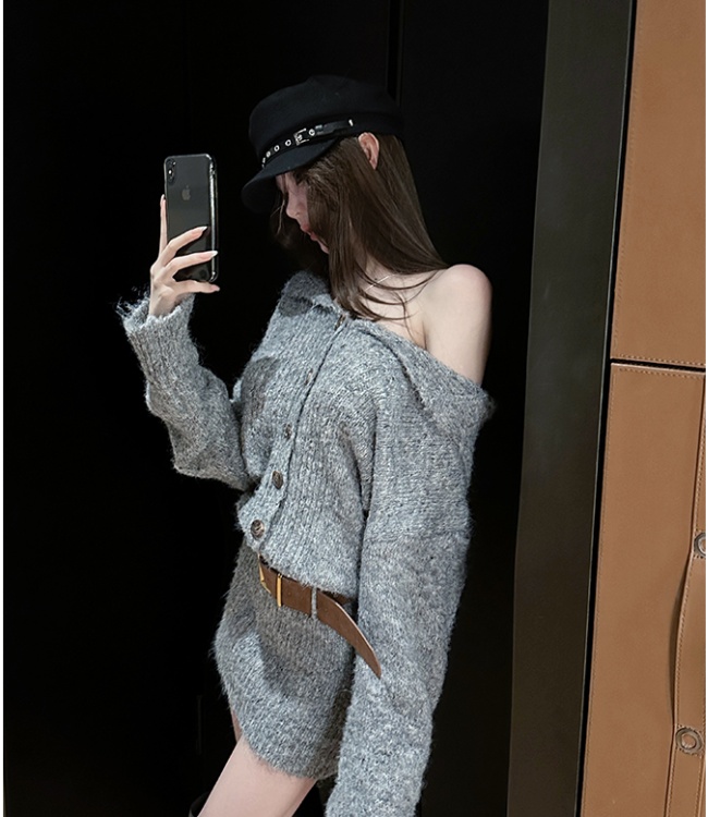 Package hip slim dress gray navy collar sweater