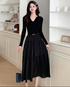 Splice knitted autumn black light luxury dress for women