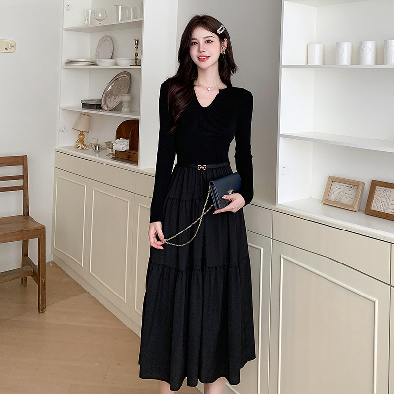 Splice knitted autumn black light luxury dress for women