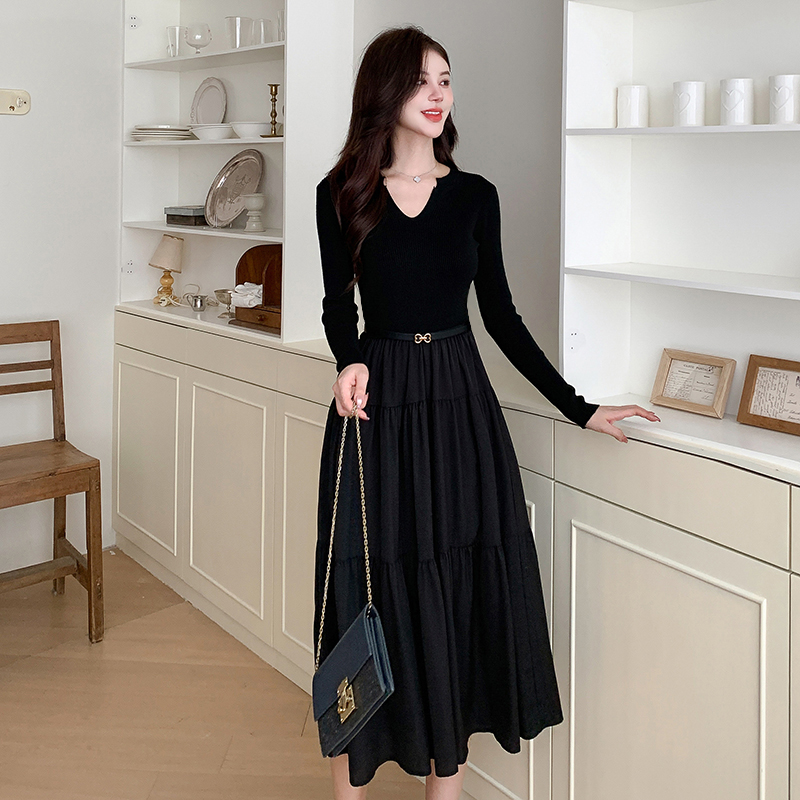 Splice knitted autumn black light luxury dress for women